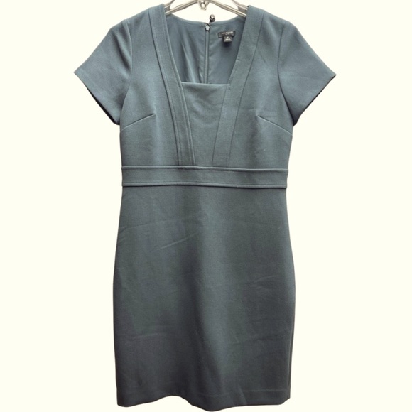 Ann Taylor Petite Gray Square Neckline Bodycon Short Sleeve Classic Dress Sz 4P - Picture 1 of 6